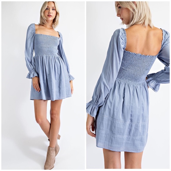 Edit By Nine Adorable Dusty Blue Smocked Bodice Long Puff Sleeves Dress - Picture 10 of 10